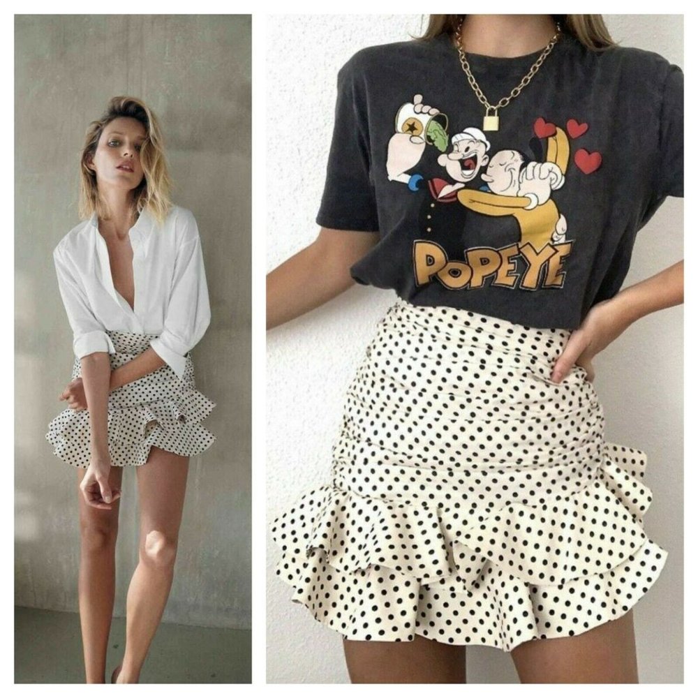 ZARA DRAPED RUCHED POLKA DOT SKIRT with RUFFLE HEM